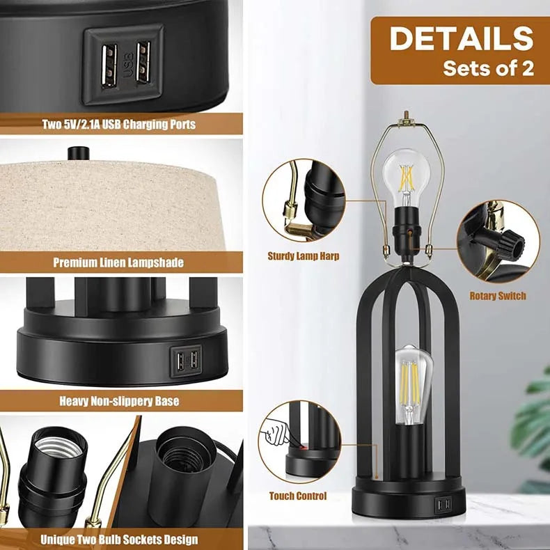 Modern Fabric Shade Table Lamp with USB Charging & Touch Switch