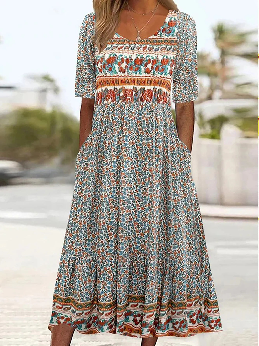 Boho Chic Women's Round Neck Print Short Sleeve Long Dress