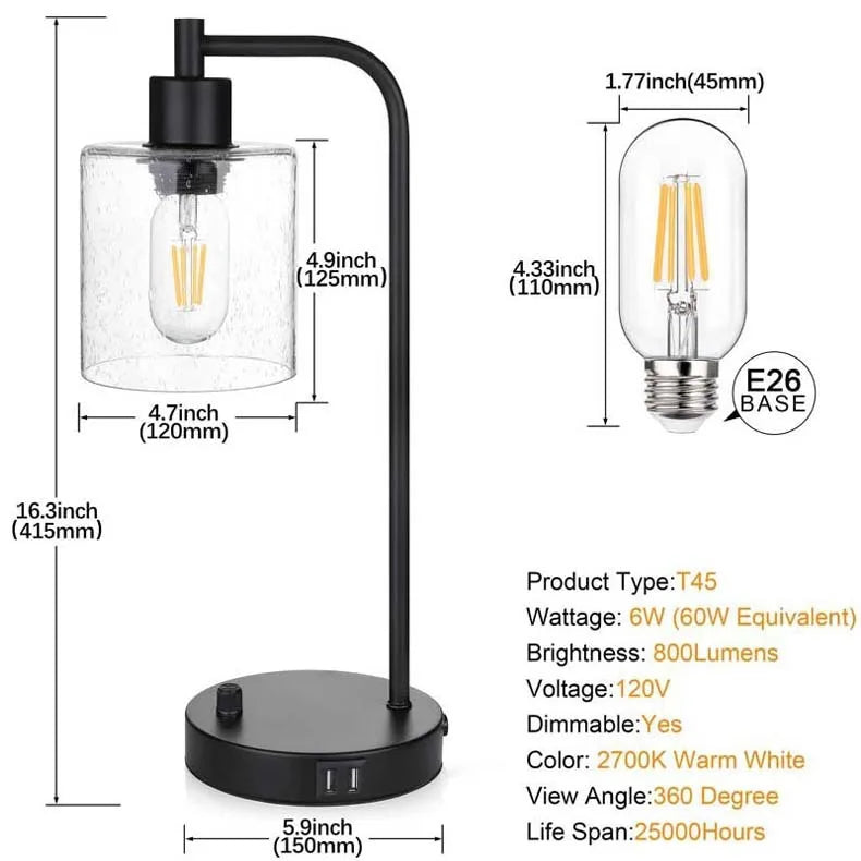 Modern Industrial Glass Table Lamp with USB Charging - Dimmable Night Light