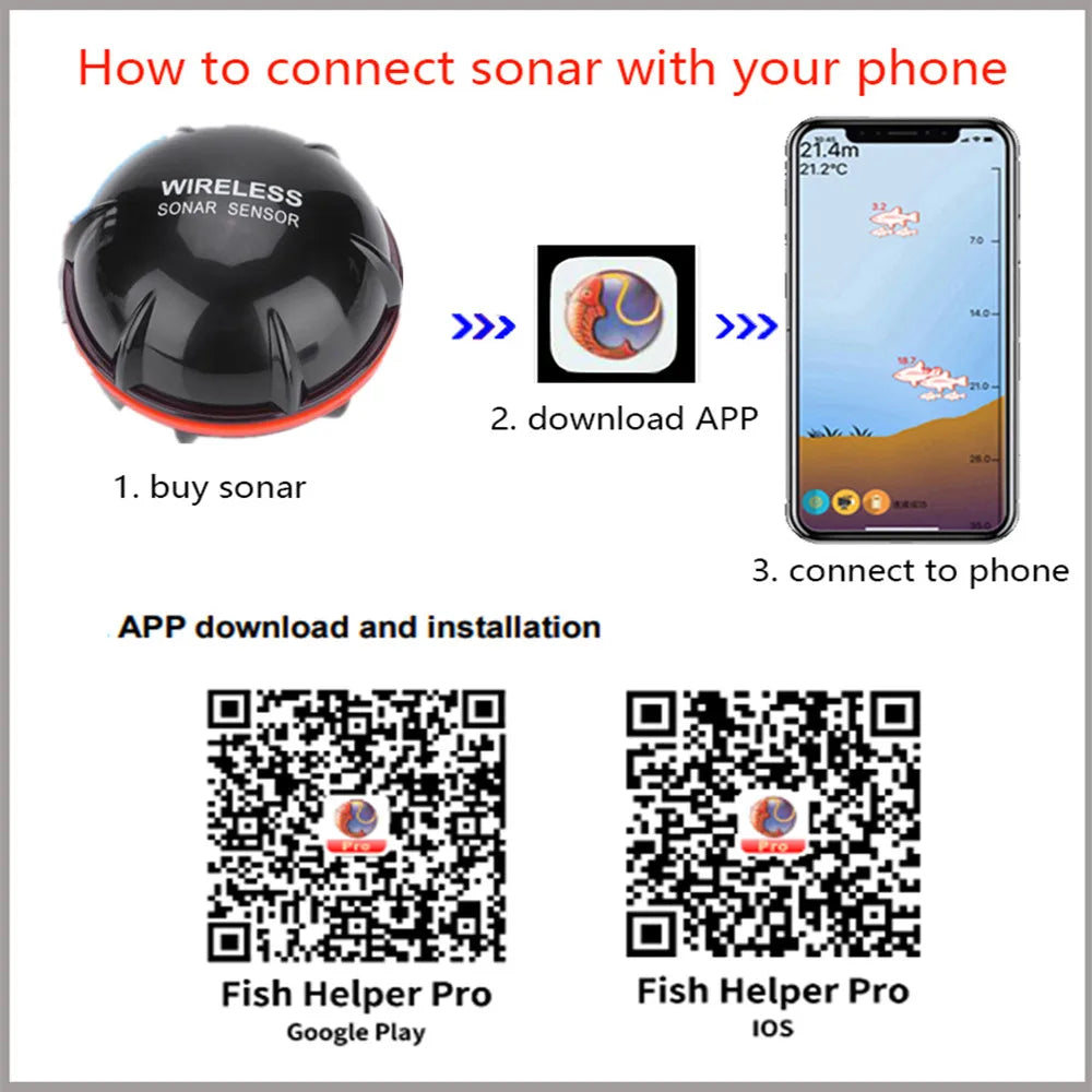 Wireless Smart Sonar Fish Finder | Bluetooth Depth Detection 48m