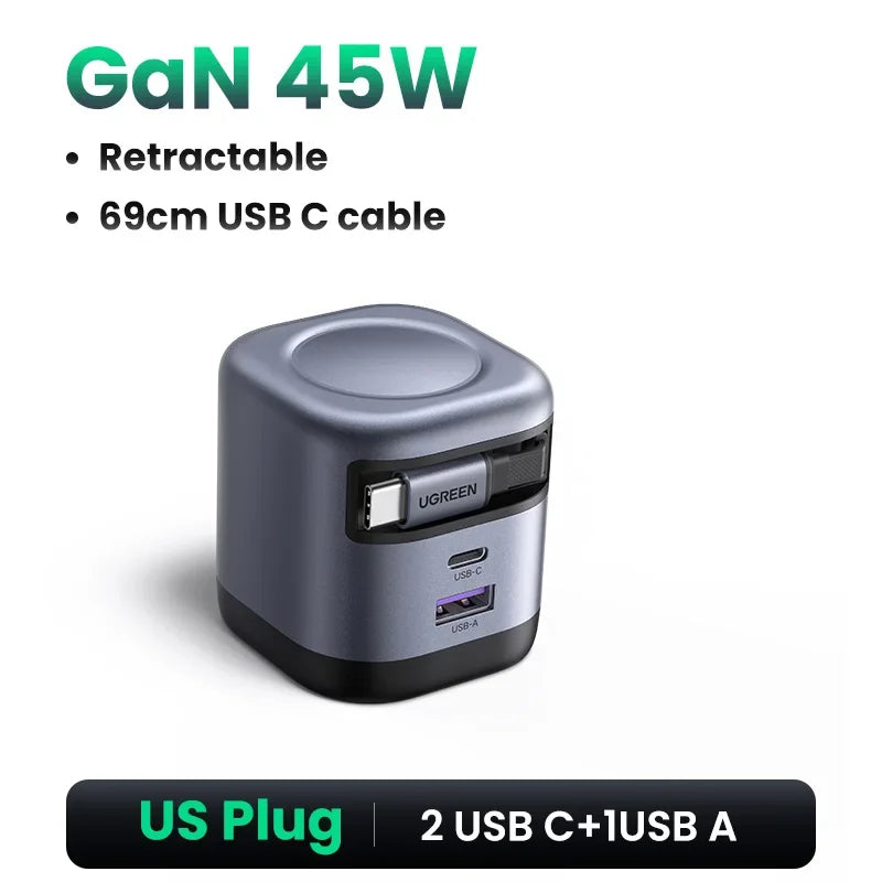 UGREEN 100W GaN Fast Charger with Retractable Cable for All Devices