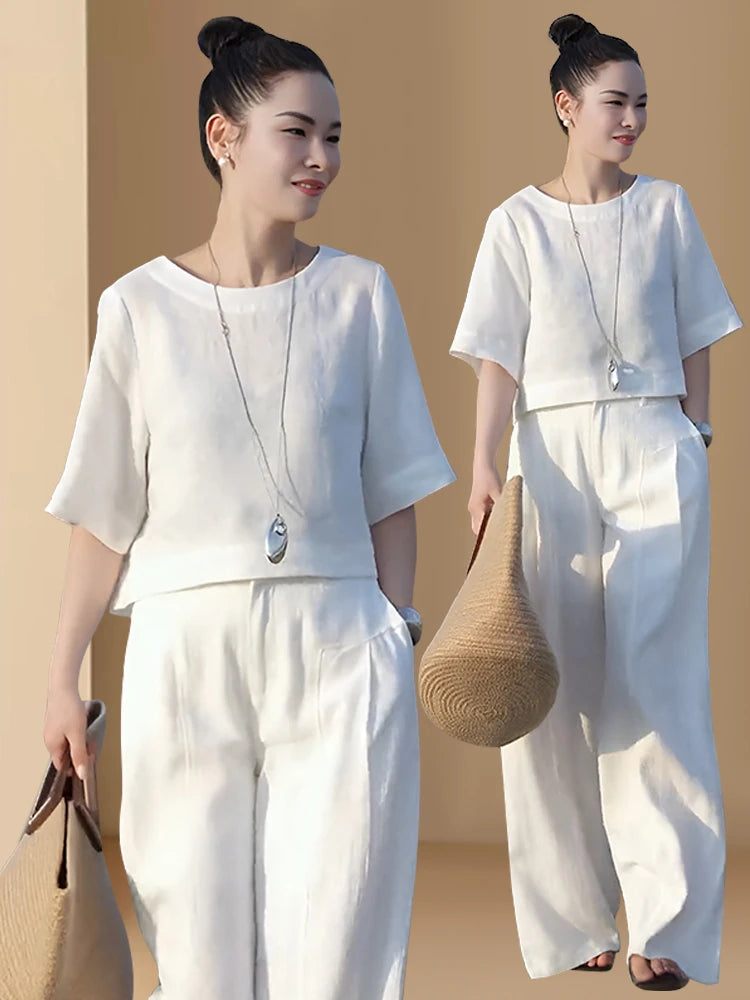 Chic Women's Linen Wide Leg Pants Set - Summer Casual Two Piece Suit