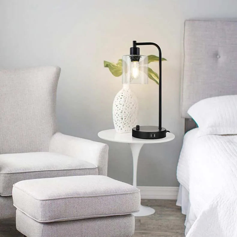 Modern Industrial Glass Table Lamp with USB Charging - Dimmable Night Light