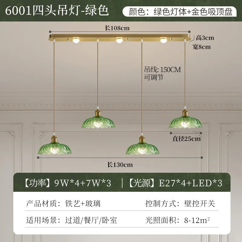 Vintage Green Glass LED Pendant Light - Adjustable Floral Design