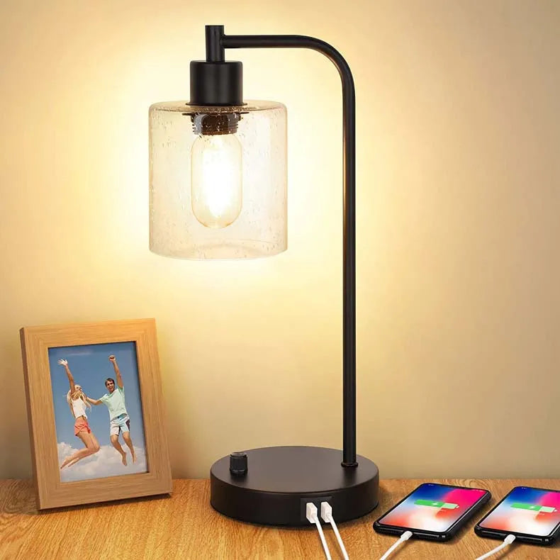Modern Industrial Glass Table Lamp with USB Charging - Dimmable Night Light