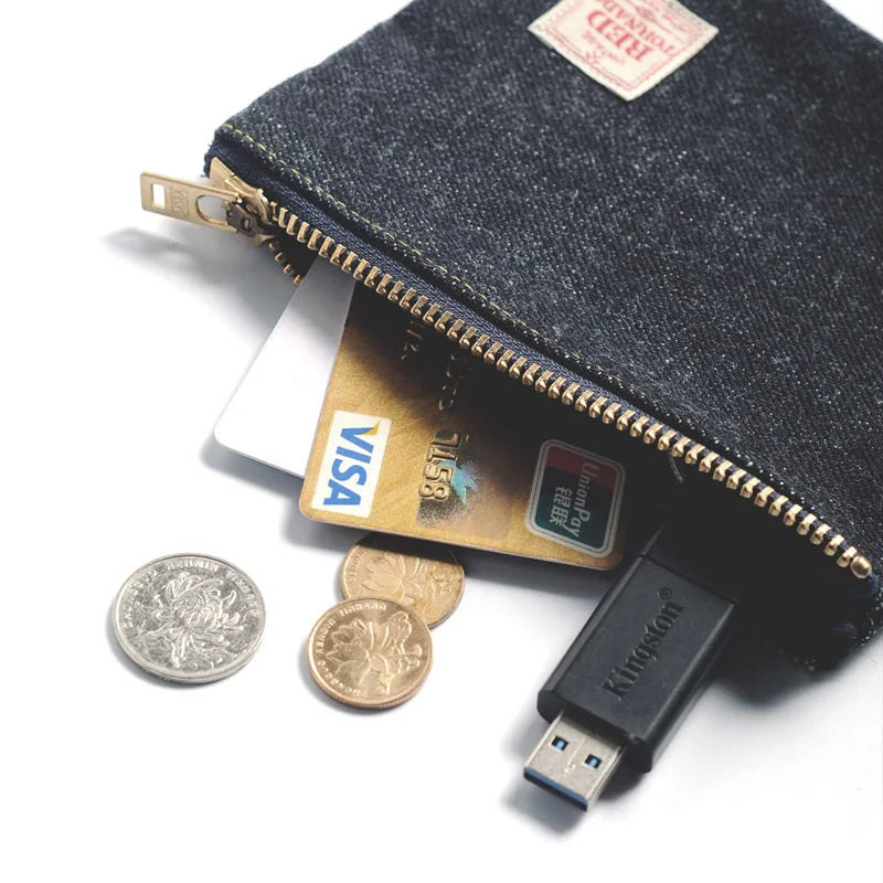 Vintage Denim Coin Pouch - Durable Zipper Storage Bag