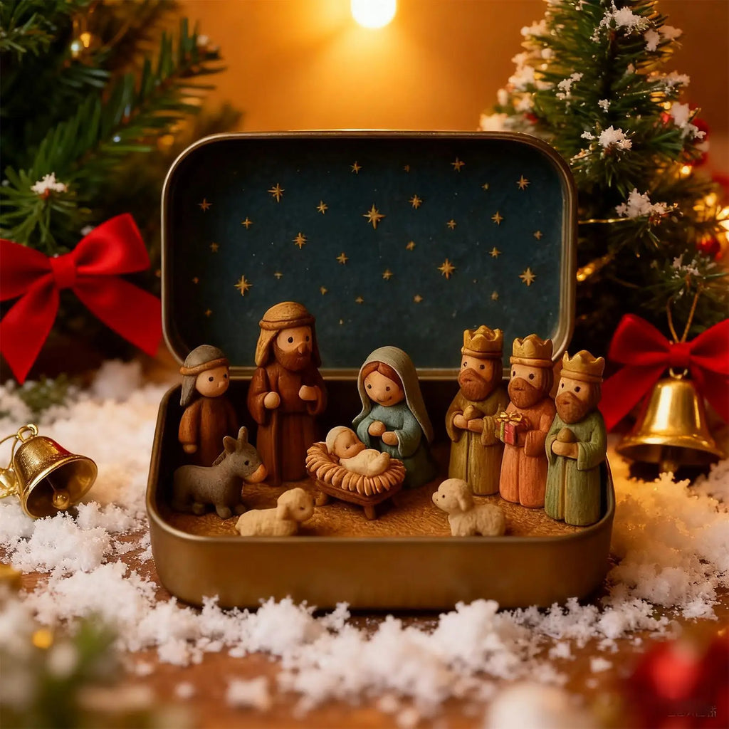 Compact Mini Nativity Set in Tin - Elegant Christmas Decor