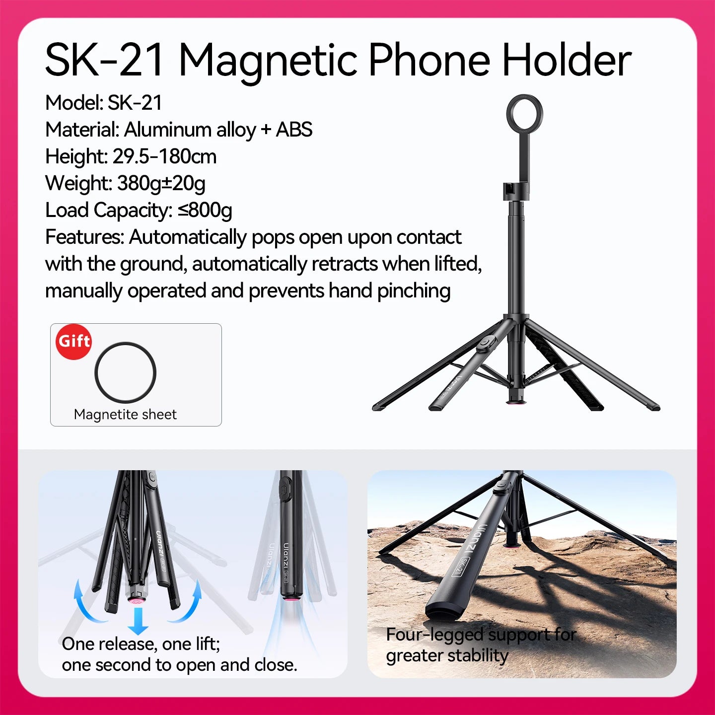 Ulanzi SK-21 Magnetic Tripod & Selfie Stick for Smartphones
