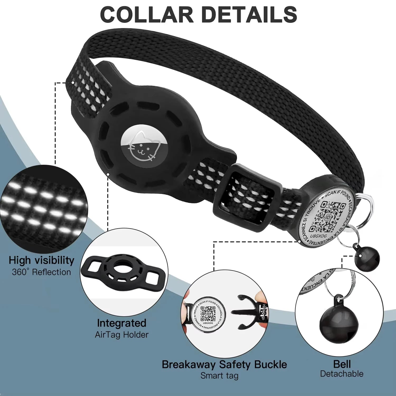 Reflective Cat GPS Collar with QR Code & AirTag Holder - Breakaway Design