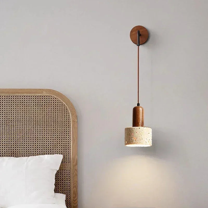 Wabi Sabi Natural Stone Wall Lamp - Retro Peach Wood LED Sconce
