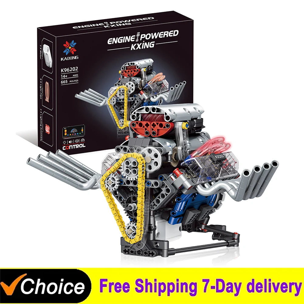 665-Piece V8 Engine Building Block Set with LED Lights | Creative Assembly Toy
