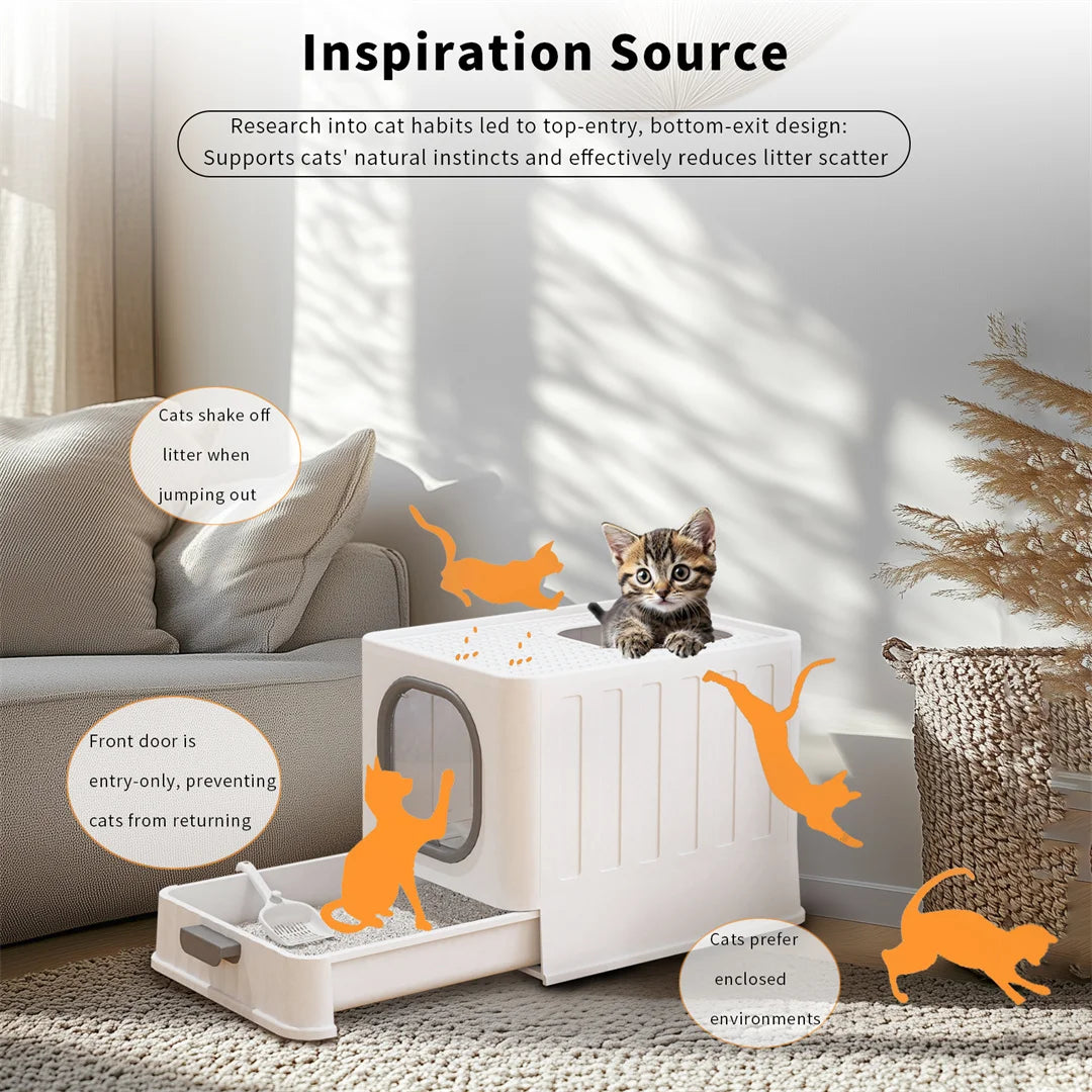 Minimalist Cat Litter Box with Drawer & Scoop - Stylish Enclosed Design
