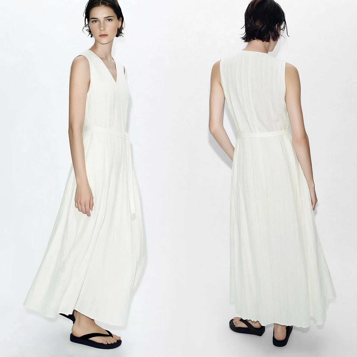 Amii Women's Elegant A-Line Midi Dress - Sleeveless V-Neck Style