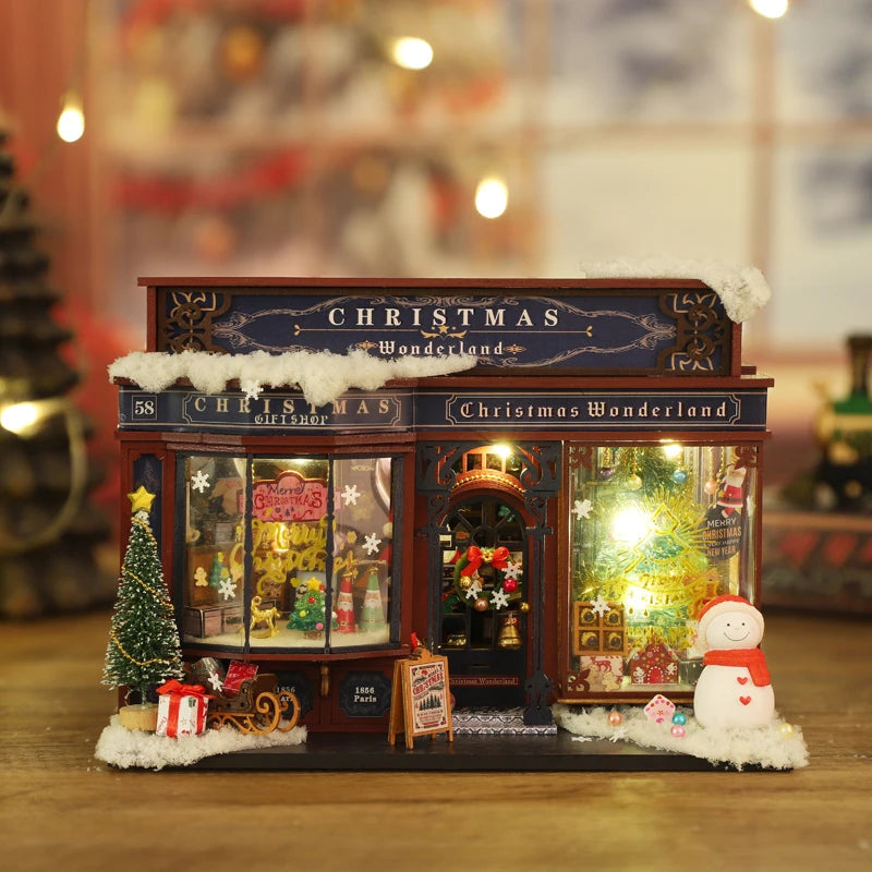 DIY Wooden Christmas Wonderland Dollhouse Kit with LED Lights