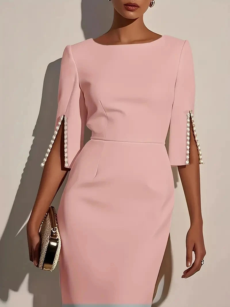 Elegant Women's Solid Color Midi Dress with Pearl Embellishments