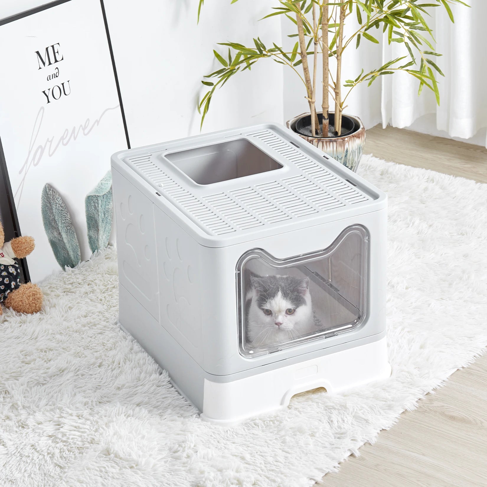 XXL Foldable Cat Litter Box with Front Entry & Top Exit - Space Saving
