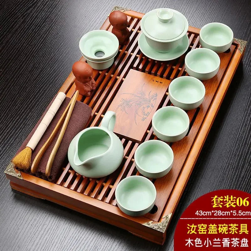 VINRITO Yixing Ceramic Kung Fu Tea Set with Solid Wood Tea Tray - 27 Pieces
