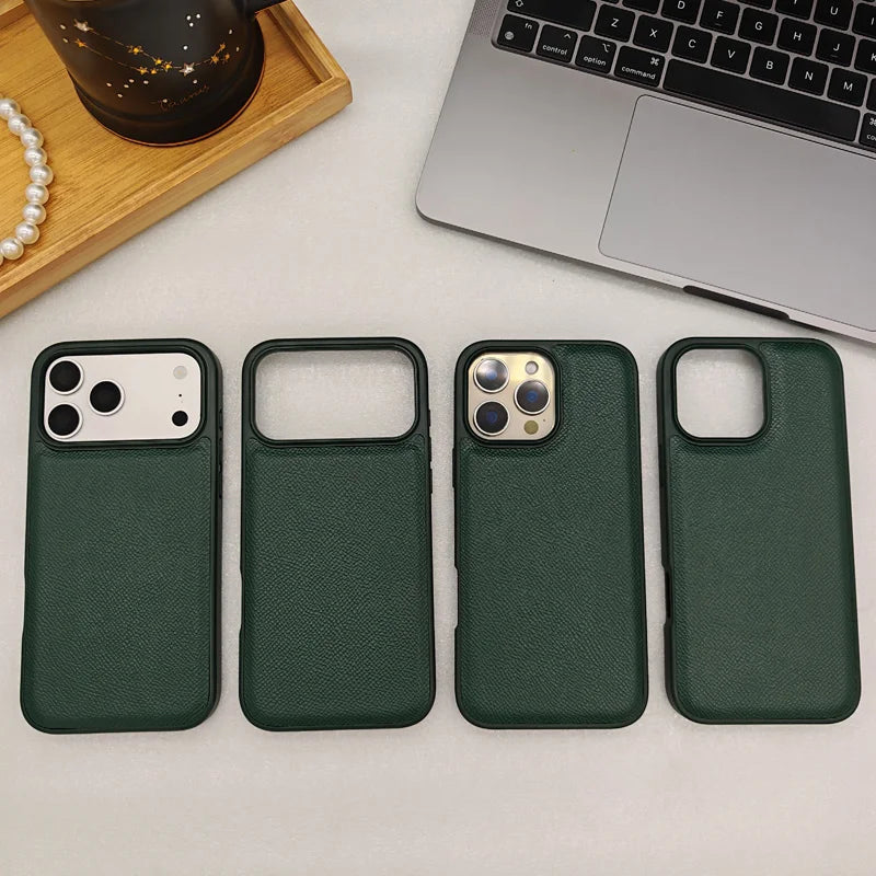 Elegant Forest Green Epsom Leather Phone Case for iPhone 17/16/15/14/13 Pro Max