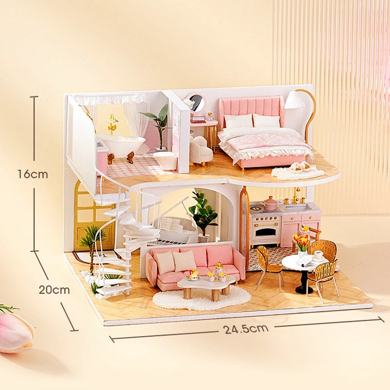 3D Wooden Mini Dollhouse Kit - DIY Duplex Apartment with Furniture