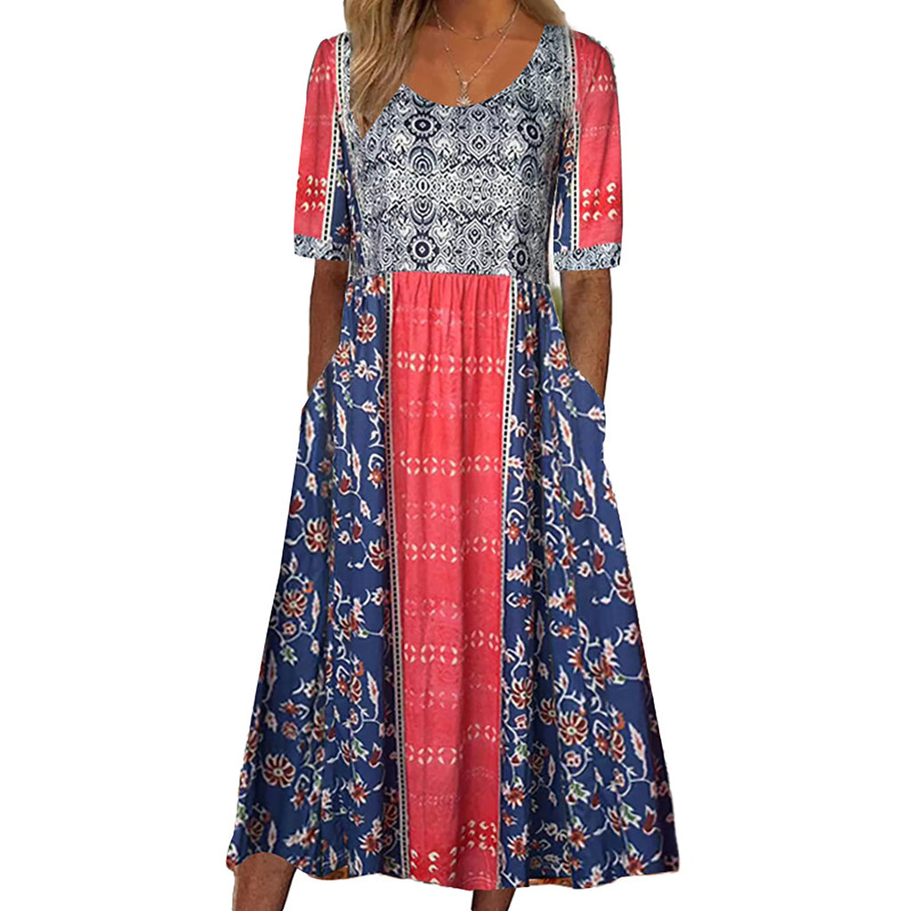 Boho Chic Women's Round Neck Print Short Sleeve Long Dress