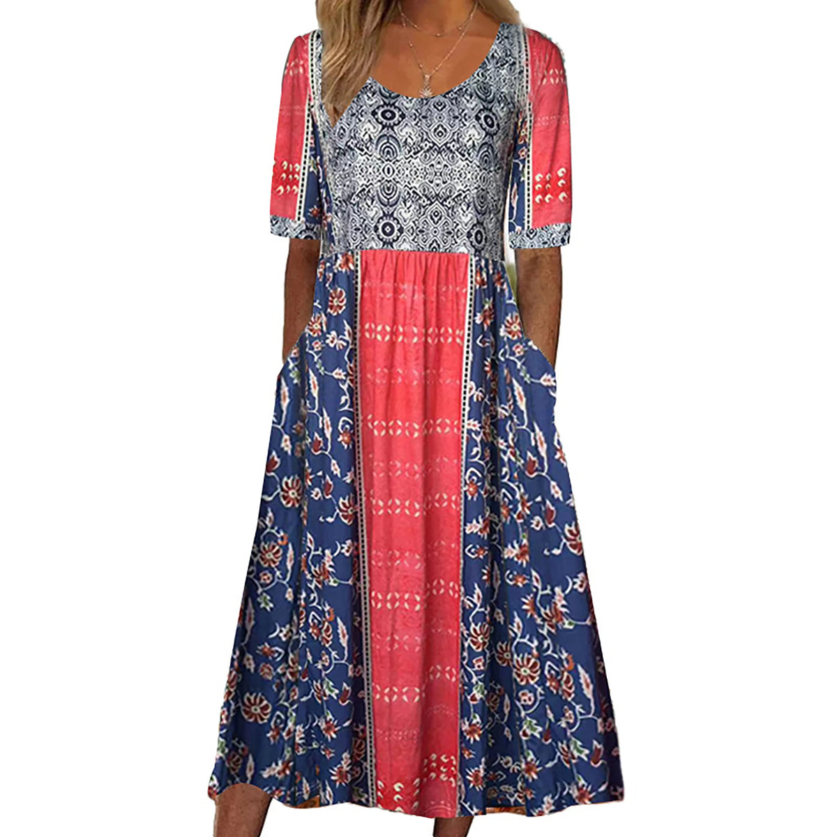 Boho Chic Women's Round Neck Print Short Sleeve Long Dress
