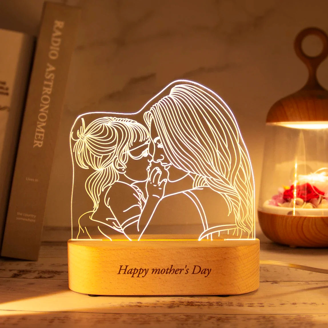 Customizable 3D Photo Lamp with Elegant Wooden Base - Personalized Gift