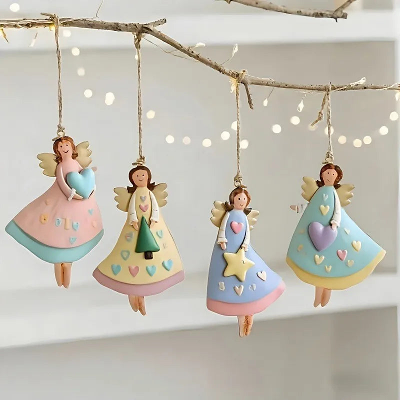 4PCS Vintage Angel Wooden Hanging Ornaments for Festive Decor