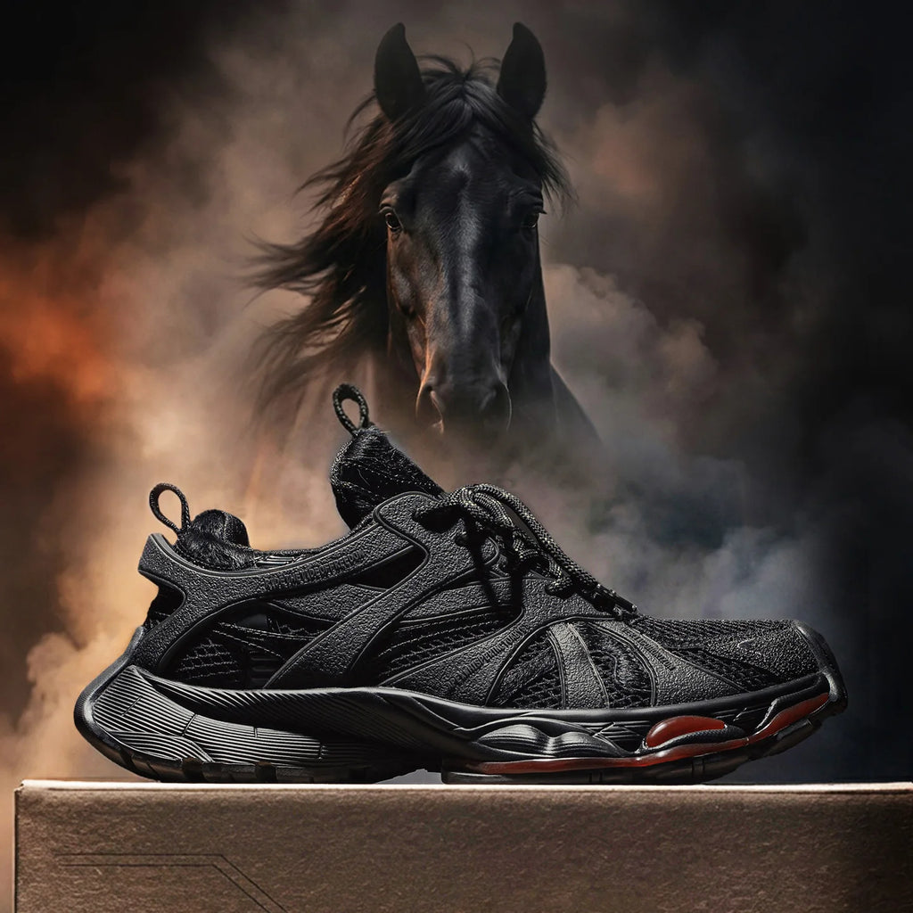 Maden Retro Men's Casual Sneakers - Black Horse Design, Thick Sole