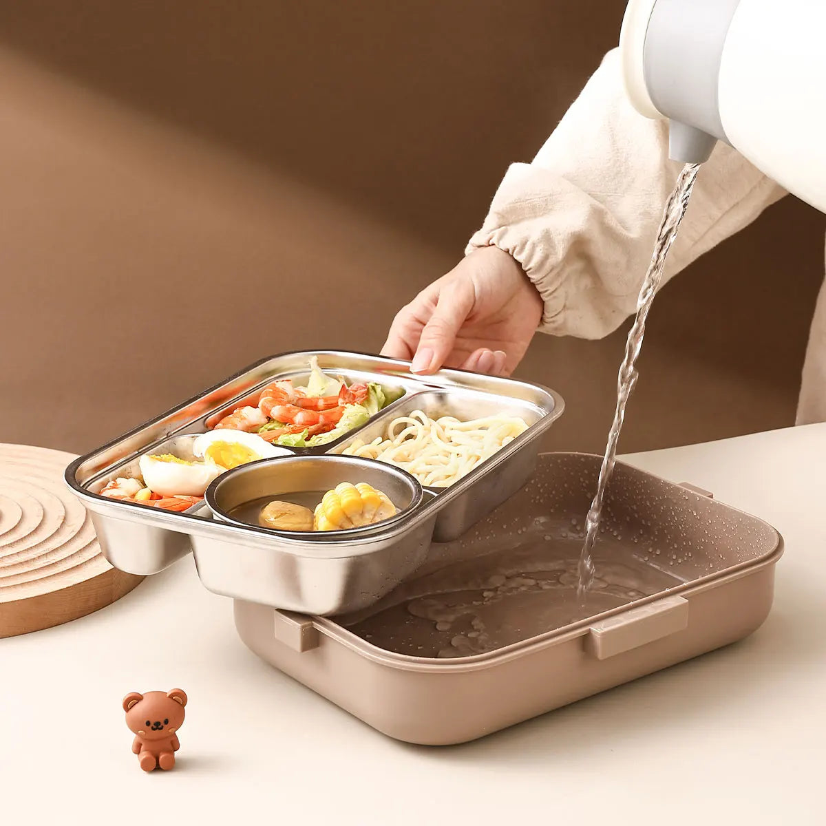 WORTHBUY Portable 4-Grid Stainless Steel Lunch Box with Utensils