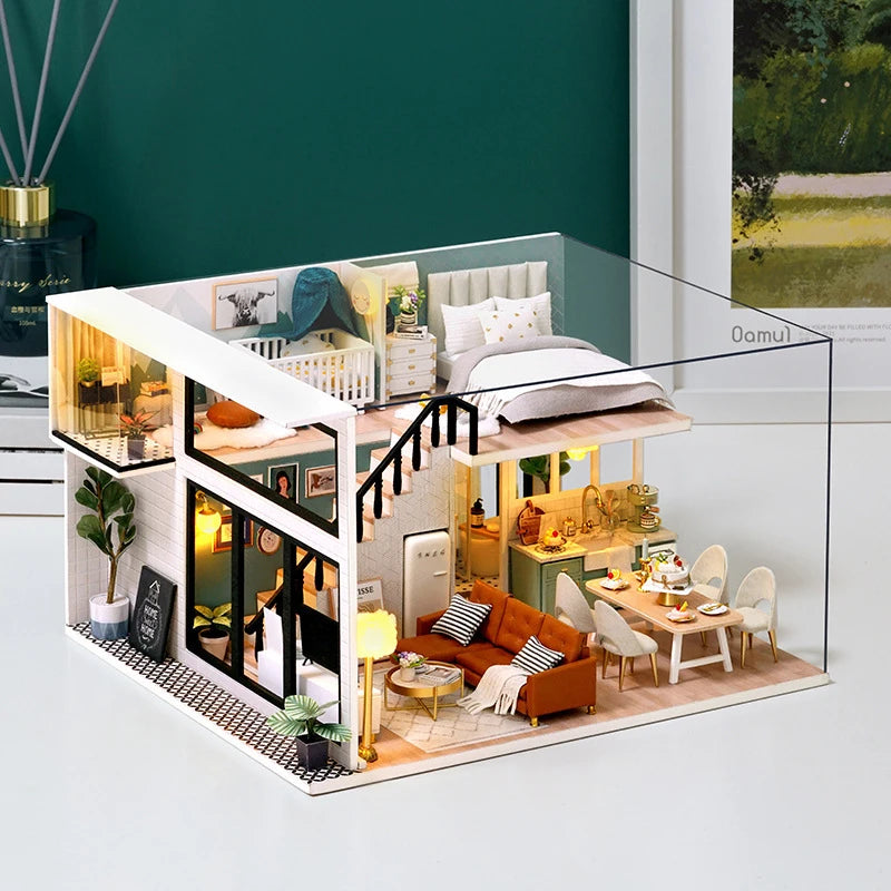 3D Wooden Mini Dollhouse Kit - DIY Duplex Apartment with Furniture