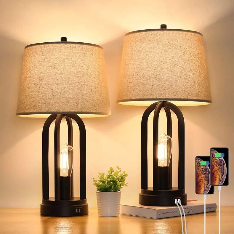 Modern Fabric Shade Table Lamp with USB Charging & Touch Switch