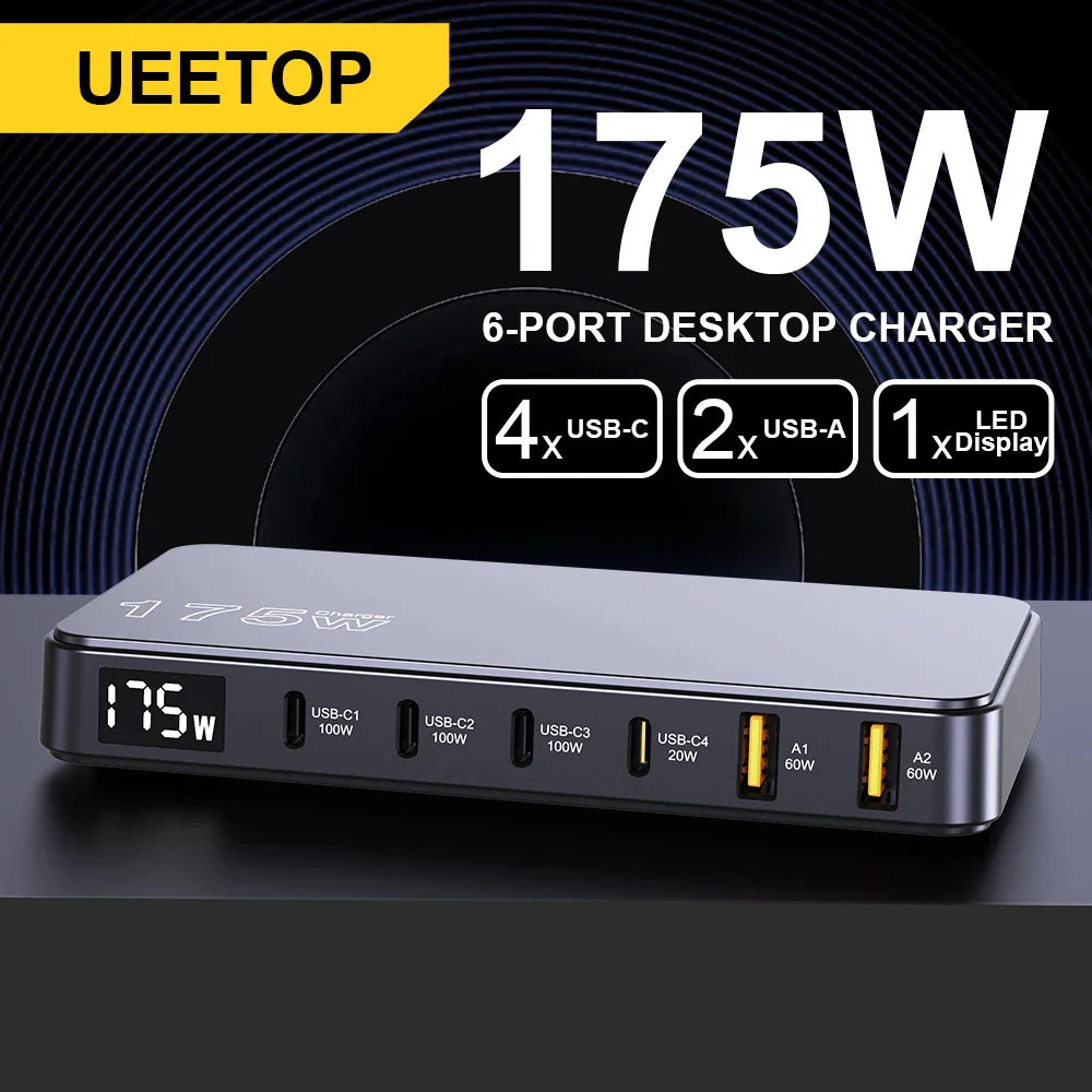 Ueetop 175W GaN USB C Charger with LED Display - 6 Fast Charging Ports