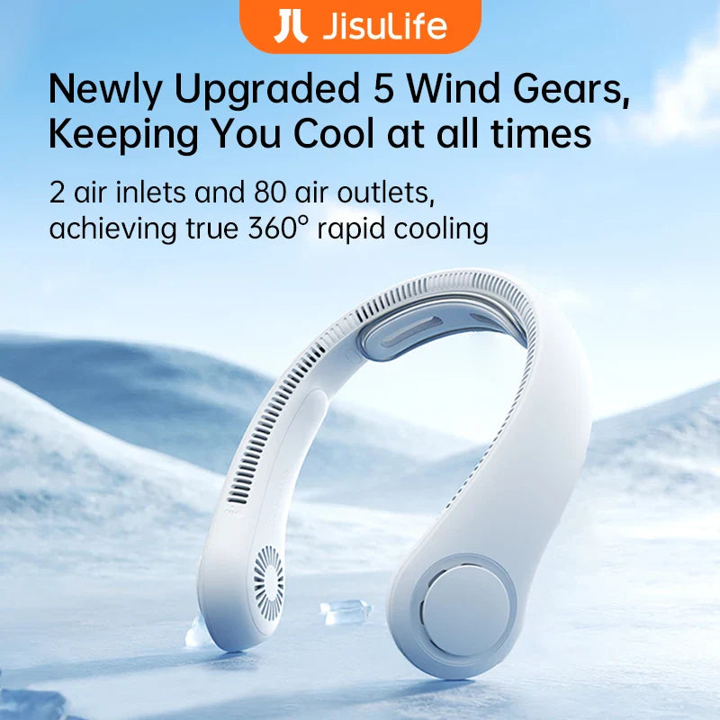 JISULIFE Portable Neck Fan - 5000mAh Rechargeable, 5 Speed Cooling