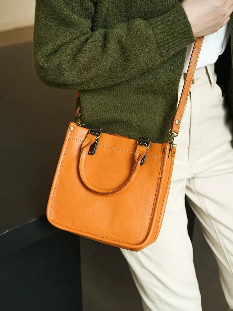 Vintage Top Grain Leather Mini Handbag for Women - Stylish & Durable