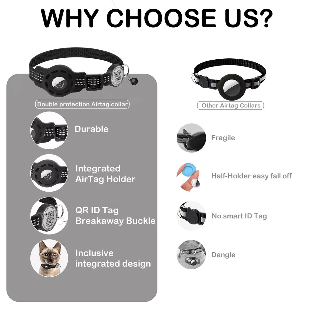 Reflective Cat GPS Collar with QR Code & AirTag Holder - Breakaway Design