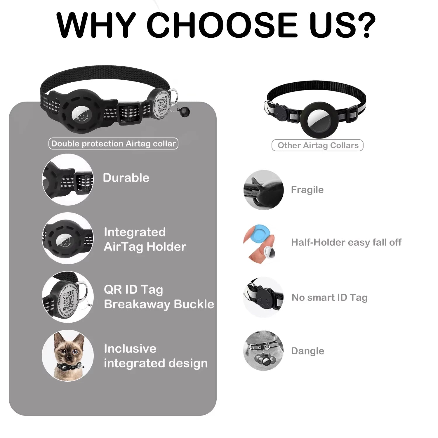 Reflective Cat GPS Collar with QR Code & AirTag Holder - Breakaway Design