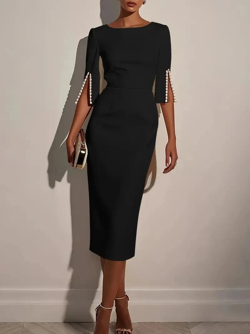 Elegant Women's Solid Color Midi Dress with Pearl Embellishments