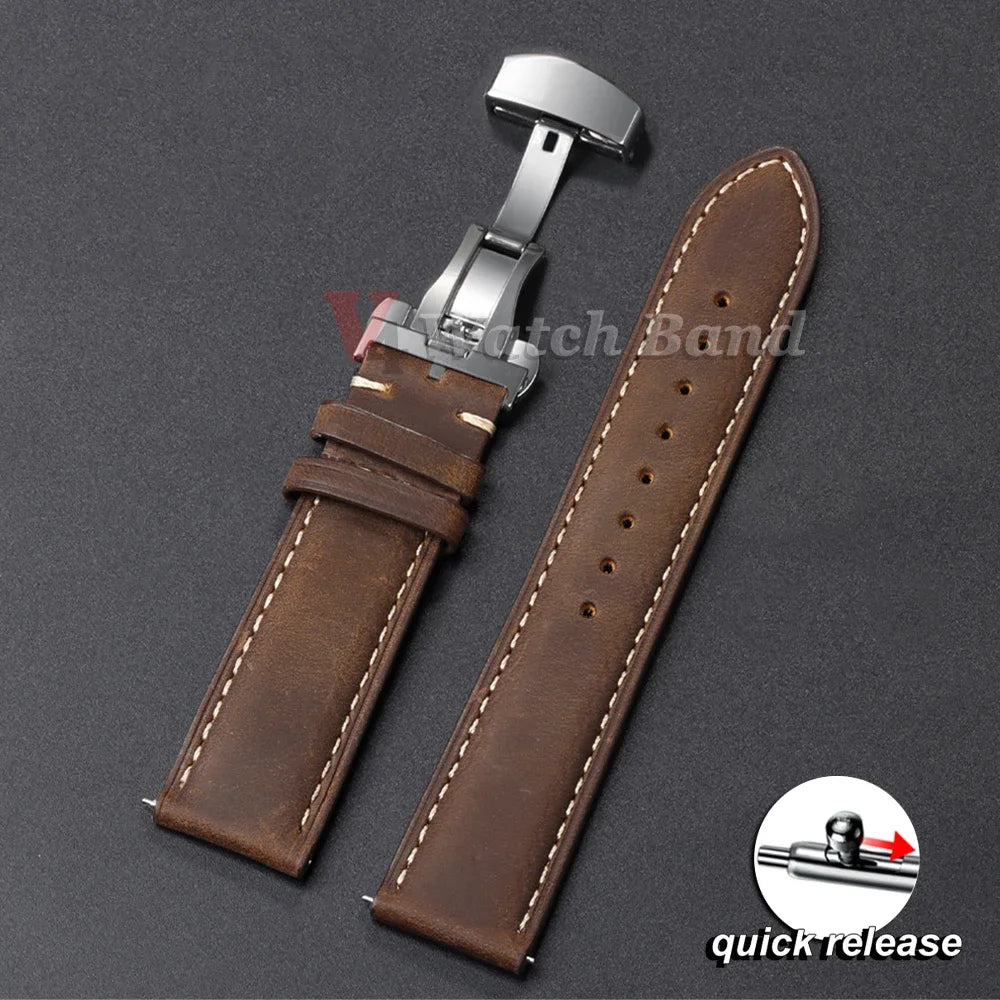 Genuine Leather Watch Band with Butterfly Buckle - 18/20/22mm Options