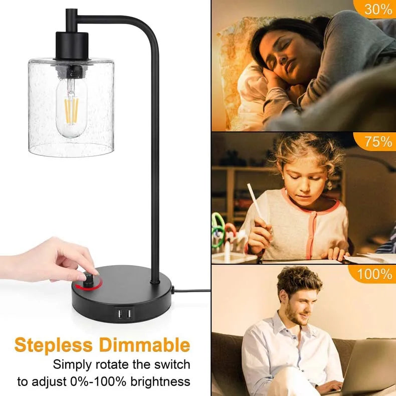 Modern Industrial Glass Table Lamp with USB Charging - Dimmable Night Light