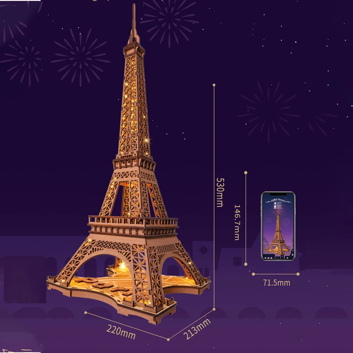 Robotime 3D Wooden Eiffel Tower Puzzle Kit with Light - DIY Craft