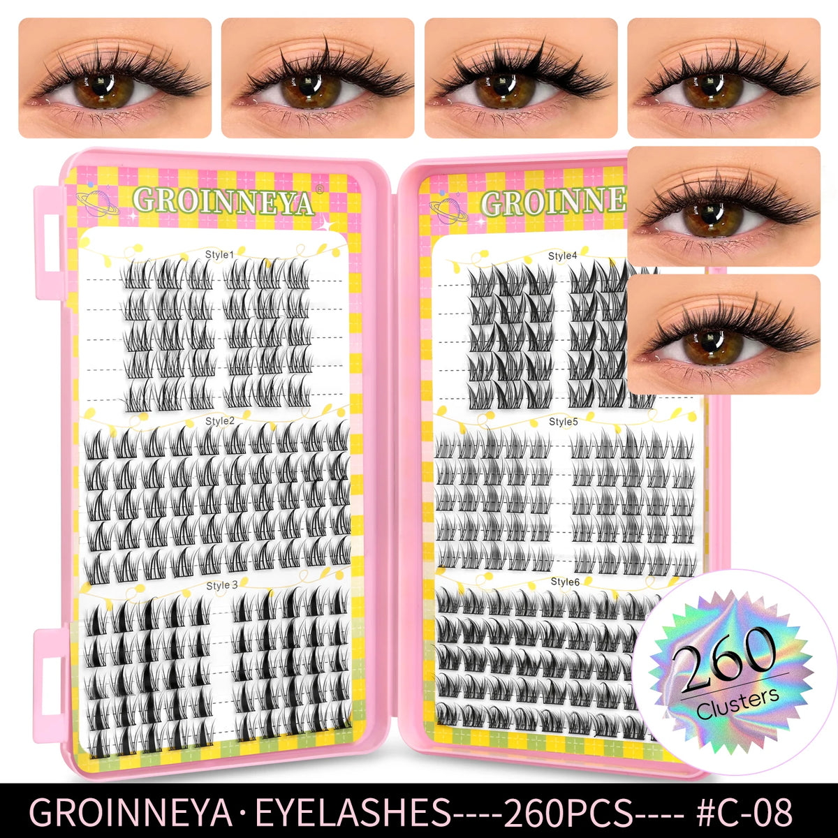 GROINNEYA Natural Cluster Lashes - 320 Pcs Volume Mixed Tray