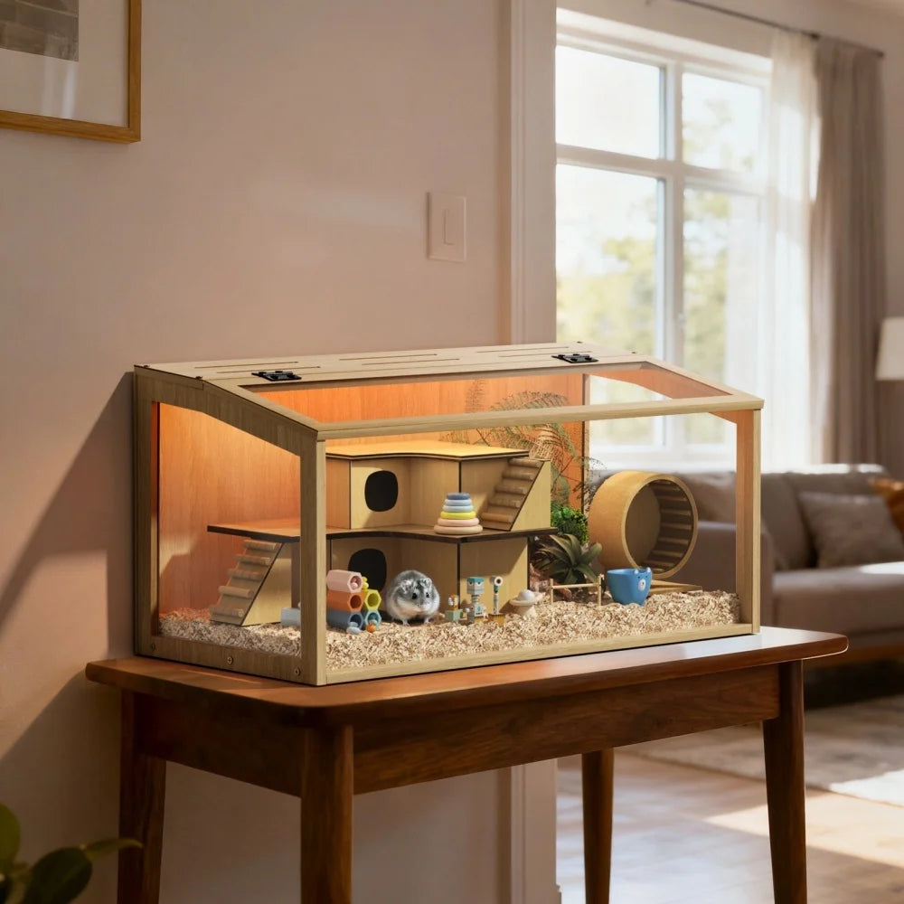 Large Wooden Hamster Cage with LED Light - Safe & Chew-Proof Habitat