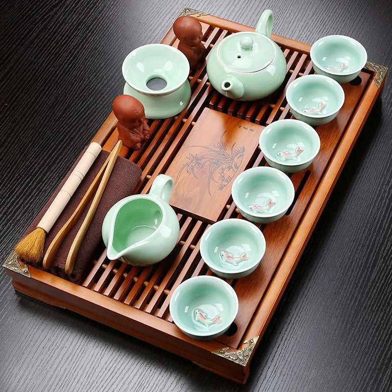 VINRITO Yixing Ceramic Kung Fu Tea Set with Solid Wood Tea Tray - 27 Pieces