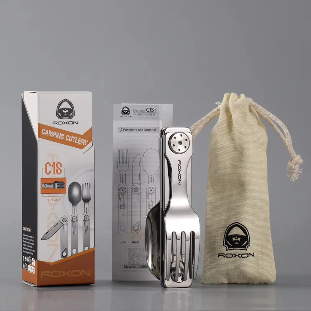 ROXON 3-In-1 Stainless Steel Camping Cutlery Set - Portable & Detachable