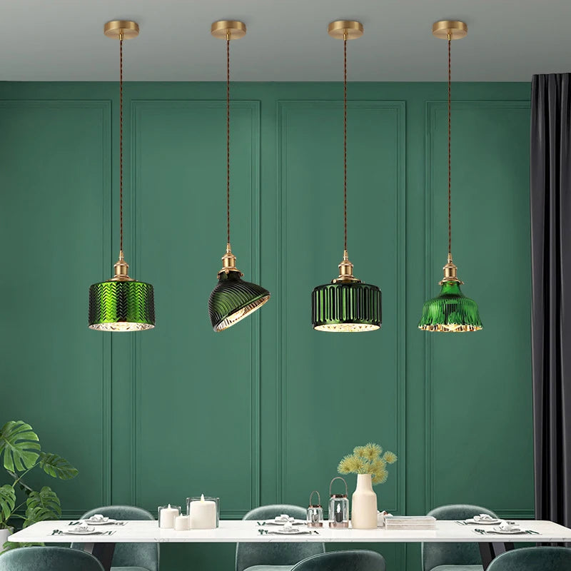 Elegant Green Stripe Glass Pendant Light - E27 Chandelier Fixture