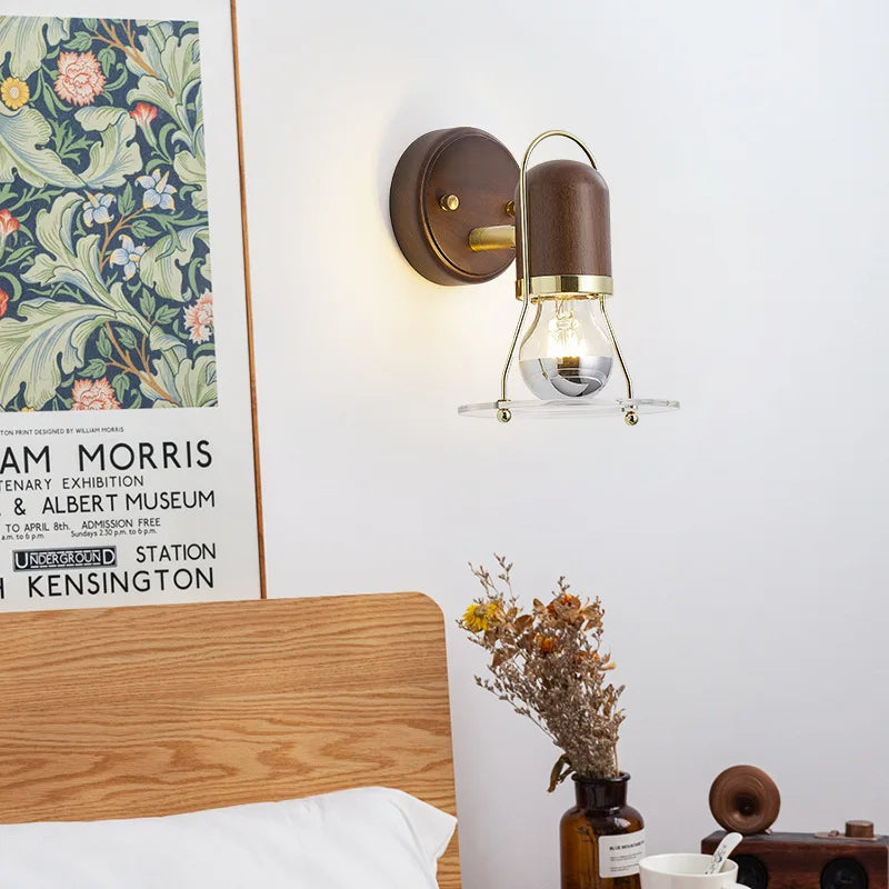 Antique Retro Walnut LED Glass Wall Lamp - Creative Bedroom Light