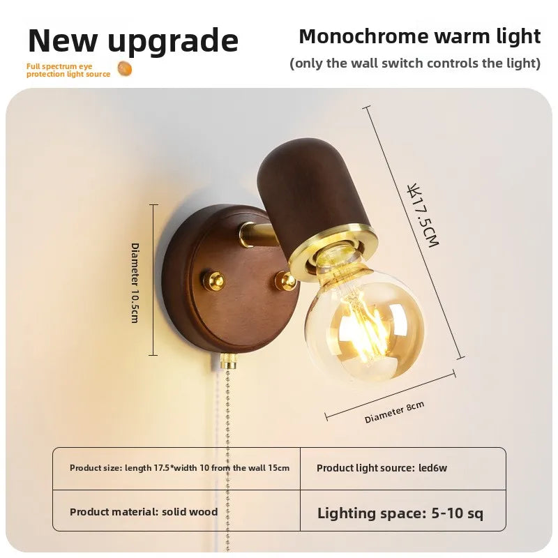 Stylish Retro Walnut LED Wall Lamp with Switch for Bedrooms & Aisles