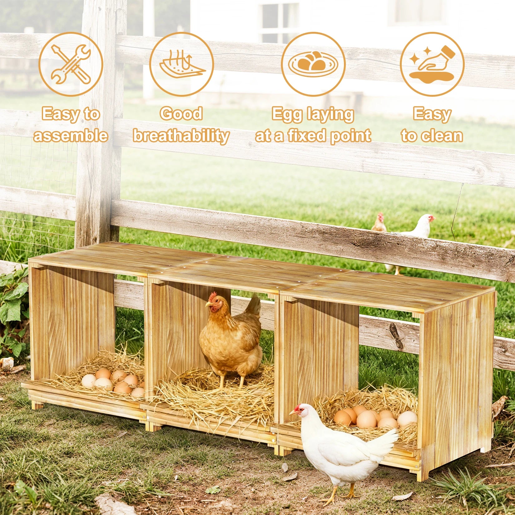3-Compartment Wooden Nesting Box for Chickens & Ducks - Durable & Flexible