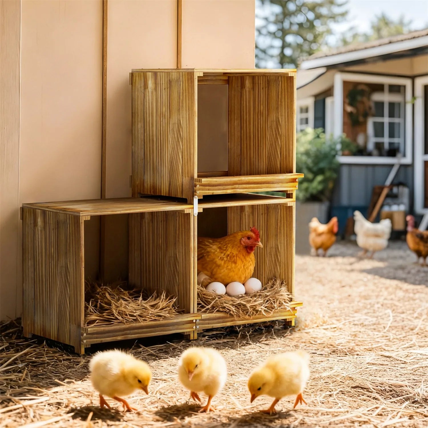 3-Compartment Wooden Nesting Box for Chickens & Ducks - Durable & Flexible