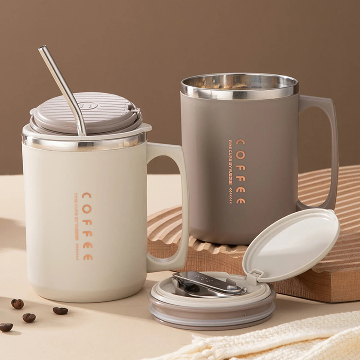 Double Wall Insulated Coffee Mug with Spoon - 304 Stainless Steel